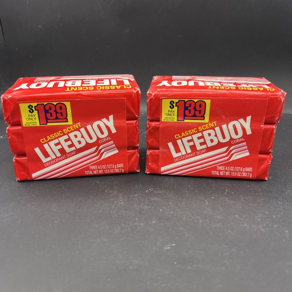 Vintage 1994 Lifebuoy Classic Scent Coral Deodorant (6) Soap Bars 4.5 oz NOS